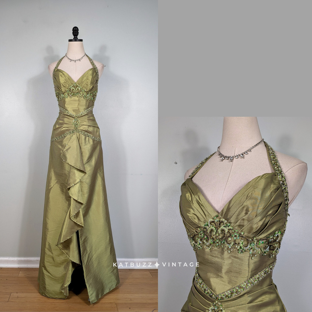 Vintage Prom Dress Maxi Gown 10 Green Ruffle Y2K Empire Bead Fairy Glam Halter